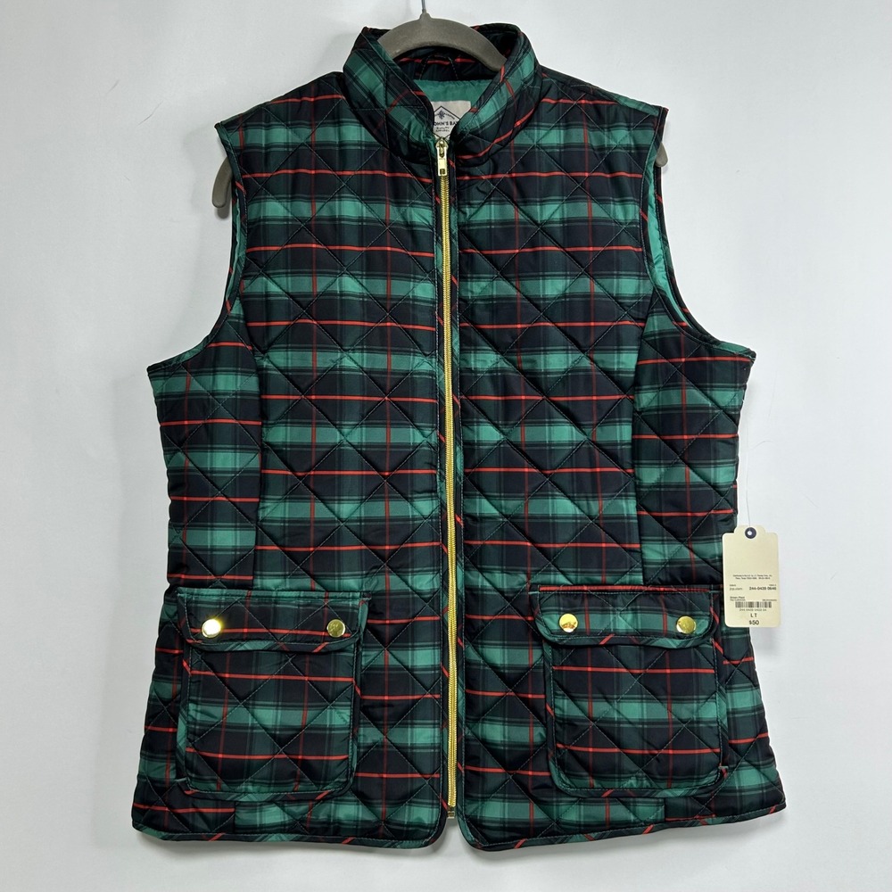 New St Johns‎ Bay Womens Green Plaid Quilted Puffer Vest Gold Zip L Tall Tartan